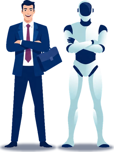 スーツ姿の人物とロボットが並んで腕を組んで立つ、人とAIの協働を表すイラスト